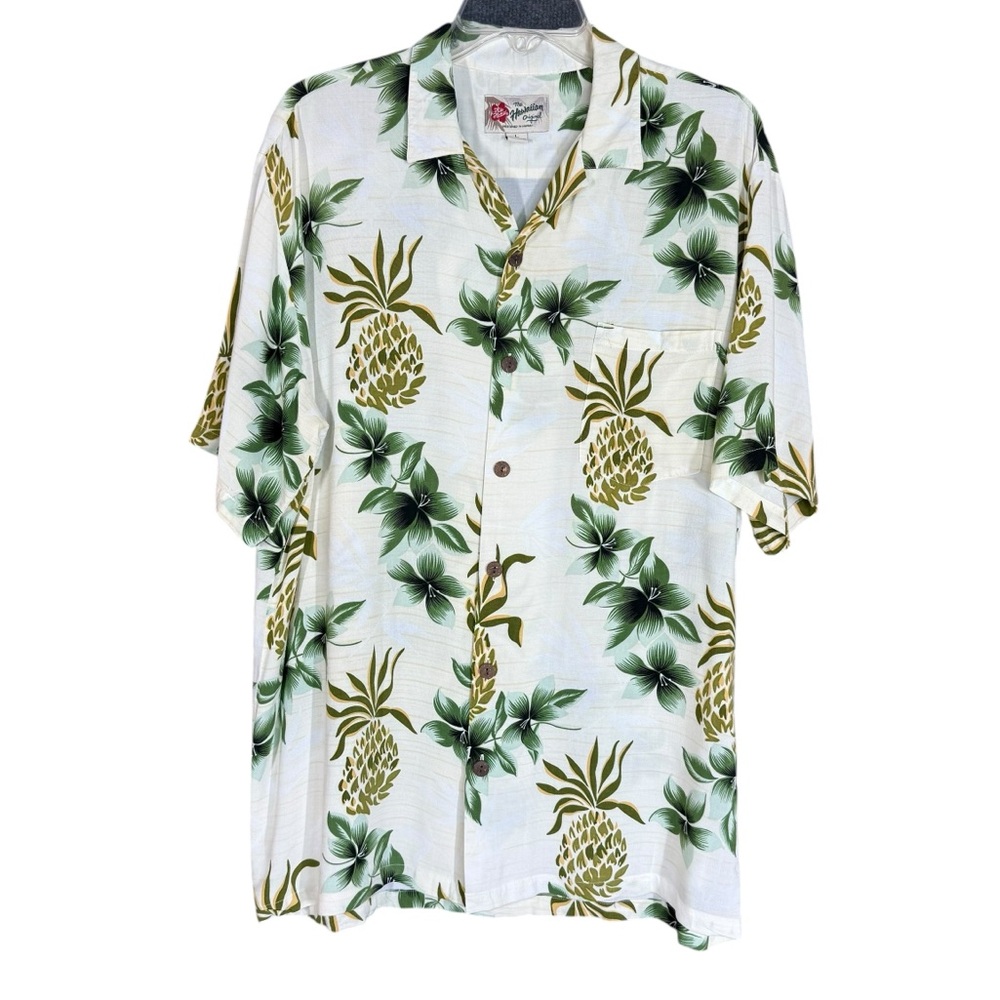 Hilo Hattie Hawaiian Aloha Shirt Pineapple Floral Rayon Button Front Size L